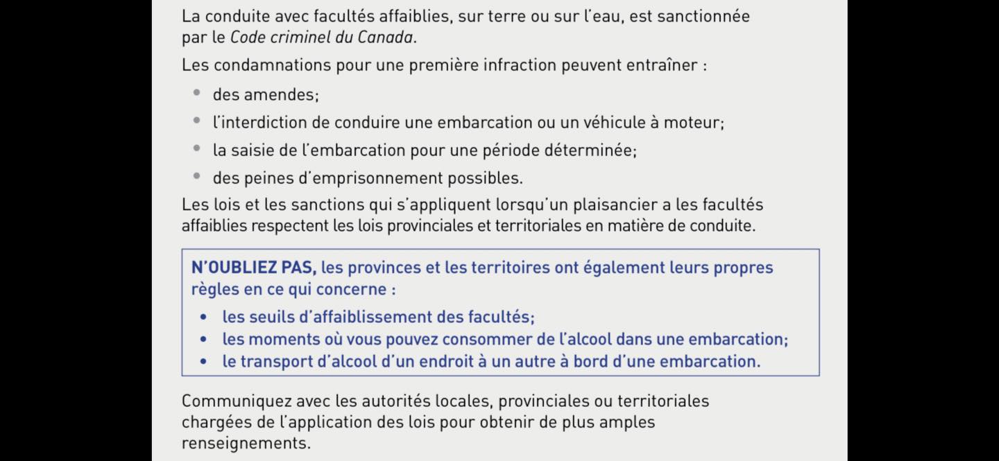 Rappel des sanctions pour conduite avec facultes affaiblies sur l'eau