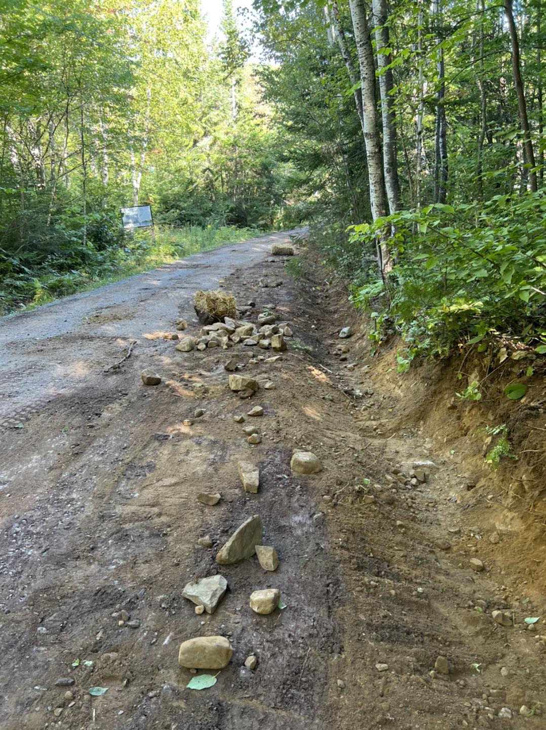 Chemin de gravier en mauvais état avant les travaux de réparation